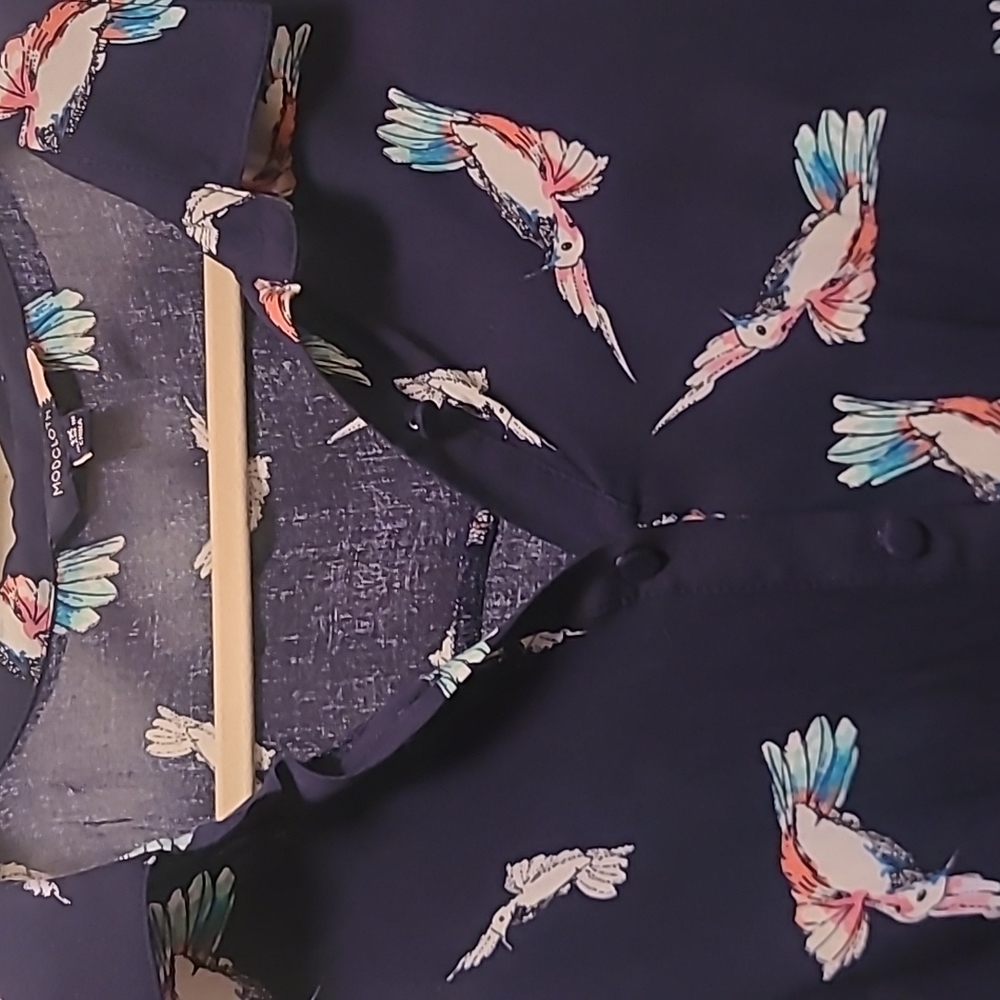 Modcloth Deep Navy With Bird Print Collared Shirt… - image 2